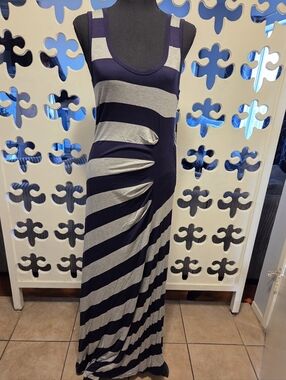 Calvin Klein Striped Scoop Neck Maxi Dress in Navy and Gray